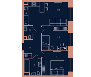 Планировка трехкомнатной(квартира) площадью 55.4 квадратных метров в ЖК “Квартал Эра”