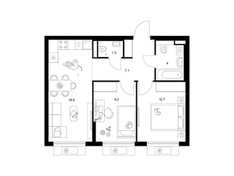 Планировка двухкомнатной(квартира) площадью 49.1 квадратных метров в ЖК “ЖК Белая Дача парк”