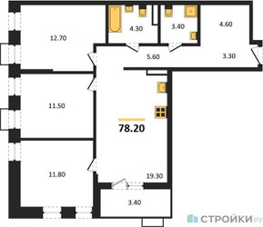 Планировка трехкомнатной(квартира) площадью 78.2 квадратных метров в ЖК “ЖК Деснаречье”