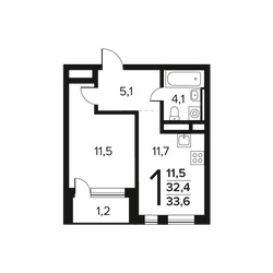 Планировка однокомнатной(квартира) площадью 33.6 квадратных метров в ЖК “Новые Ватутинки. Заречный”