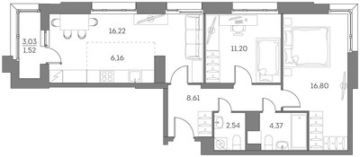 Планировка трехкомнатной(квартира) площадью 67.4 квадратных метров в ЖК “ЖК Аквилон Beside 2.0”