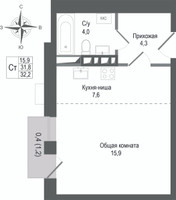 Планировка студии(квартира) площадью 31.8 квадратных метров в “ЖК КИНОКВАРТАЛ”