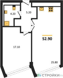 Планировка однокомнатной(квартира) площадью 52.9 квадратных метров в ЖК “ЖК High Life (Хай Лайф)”