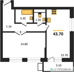 Планировка однокомнатной(квартира) площадью 43.7 квадратных метров в ЖК “ЖК Пироговская Ривьера”