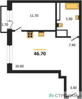 Планировка однокомнатной(квартира) площадью 46.7 квадратных метров в “ЖК МОНС”