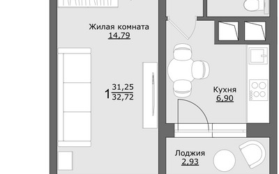 Планировка однокомнатной(квартира) площадью 32.7 квадратных метров в ЖК “ЖК Клевер”