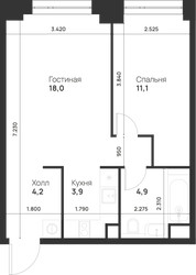 Планировка однокомнатной(квартира) площадью 42.1 квадратных метров в ЖК “ЖК Войс”