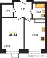 Планировка однокомнатной(квартира) площадью 35.22 квадратных метров в “ЖК Новотомилино”
