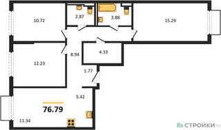 Планировка трехкомнатной(квартира) площадью 76.79 квадратных метров в “ЖК Пригород Лесное”