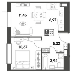 Планировка однокомнатной(квартира) площадью 38.35 квадратных метров в ЖК “ЖК Публицист”
