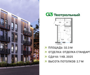 Планировка студии(квартира) площадью 32.3 квадратных метров в ЖК “ЖК G3 Театральный”