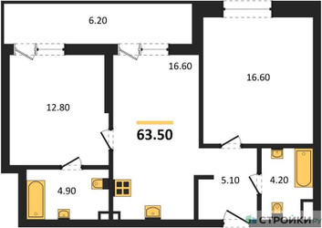 Планировка двухкомнатной(квартира) площадью 63.5 квадратных метров в ЖК “ЖК STONE Rise (Райз)”