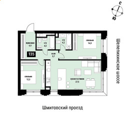 Планировка двухкомнатной(квартира) площадью 76 квадратных метров в ЖК “ЖК Шелепиха (Cosmopolit)”
