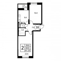 Планировка двухкомнатной(квартира) площадью 61.2 квадратных метров в “ЖК Космос”