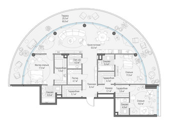 Планировка трехкомнатной(квартира) площадью 173 квадратных метров в ЖК “Клубный квартал "Фрунзенская набережная"”