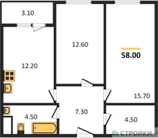 Планировка двухкомнатной(квартира) площадью 58 квадратных метров в “ЖК Карамельный”