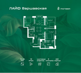 Планировка трехкомнатной(квартира) площадью 72.61 квадратных метров в ЖК “Жилой квартал Лайф Варшавская”