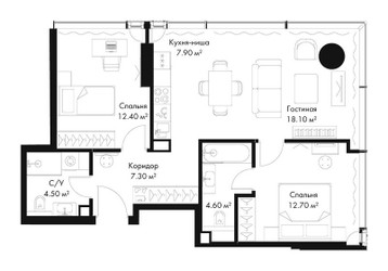 Планировка двухкомнатной(квартира) площадью 67.5 квадратных метров в ЖК “ЖК Слава”
