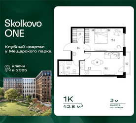 Планировка однокомнатной(квартира) площадью 42.8 квадратных метров в ЖК “ЖК Skolkovo ONE (Сколково Уан)”