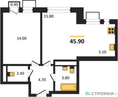 Планировка однокомнатной(квартира) площадью 45.9 квадратных метров в “ЖК Легенда Марусино”