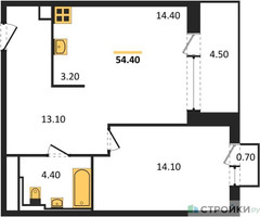 Планировка однокомнатной(квартира) площадью 54.16 квадратных метров в “ЖК Sky Sputnik (Скай Спутник)”