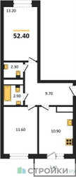 Планировка двухкомнатной(квартира) площадью 52.4 квадратных метров в ЖК “ЖК Одинцовские кварталы”