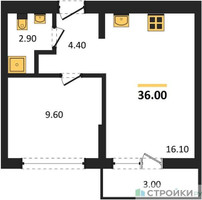 Планировка однокомнатной(квартира) площадью 36 квадратных метров в “ЖК Первый квартал”
