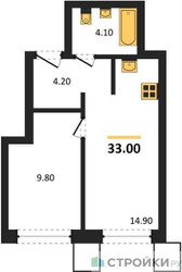 Планировка однокомнатной(квартира) площадью 33 квадратных метров в ЖК “Сити квартал Отрада”