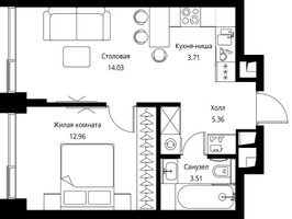 Планировка однокомнатной(квартира) площадью 39.57 квадратных метров в “ЖК Сити Бэй”
