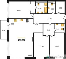 Планировка трехкомнатной(квартира) площадью 149 квадратных метров в “ЖК Вишневый сад”