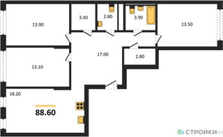 Планировка трехкомнатной(квартира) площадью 88.6 квадратных метров в “ЖК Переделкино Ближнее”