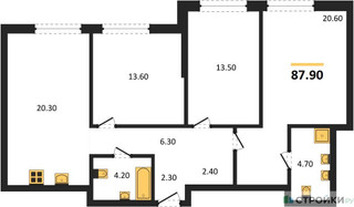 Планировка трехкомнатной(квартира) площадью 87.9 квадратных метров в “ЖК Шагал”