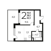 Планировка двухкомнатной(квартира) площадью 42.1 квадратных метров в “Новые Ватутинки. Заречный”