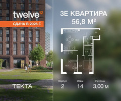 Планировка трехкомнатной(квартира) площадью 56.8 квадратных метров в “ЖК Твелв”