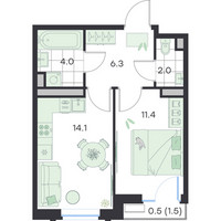 Планировка однокомнатной(квартира) площадью 38.3 квадратных метров в “ЖК G3 Михалевич”