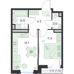 Планировка однокомнатной(квартира) площадью 38.3 квадратных метров в ЖК “ЖК G3 Михалевич”