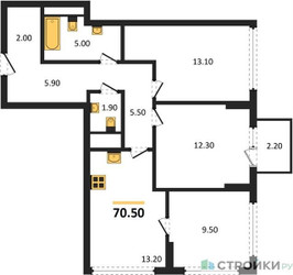 Планировка трехкомнатной(квартира) площадью 70.5 квадратных метров в ЖК “ЖК Бестселлер”
