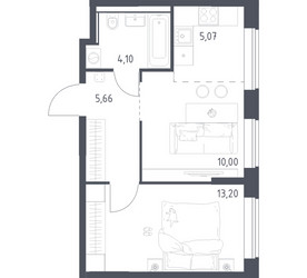 Планировка однокомнатной(квартира) площадью 38.03 квадратных метров в ЖК “ЖК Квартал Домашний”