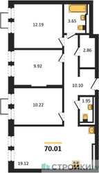 Планировка трехкомнатной(квартира) площадью 70.01 квадратных метров в ЖК “ЖК Квартал Строгино”