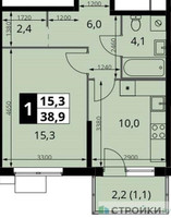 Планировка однокомнатной(квартира) площадью 38.9 квадратных метров в “ЖК 1-й Измайловский (Первый Измайловский)”