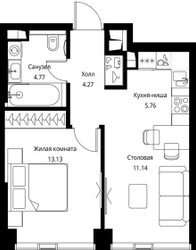 Планировка однокомнатной(квартира) площадью 39.07 квадратных метров в ЖК “ЖК Сити Бэй”