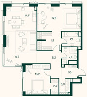 Планировка двухкомнатной(квартира) площадью 101.9 квадратных метров в “ЖК Клубный город на реке Primavera (Примавера)”