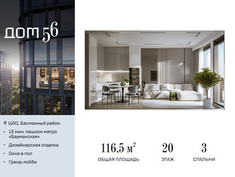 Планировка трехкомнатной(квартира) площадью 116.5 квадратных метров в ЖК “ЖК Дом 56”