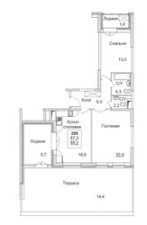 Планировка двухкомнатной(квартира) площадью 89.2 квадратных метров в ЖК “ЖК Династия”