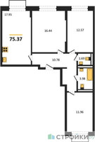 Планировка трехкомнатной(квартира) площадью 75.37 квадратных метров в “ЖК Квартал Домашний”