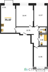Планировка трехкомнатной(квартира) площадью 75.37 квадратных метров в ЖК “ЖК Квартал Домашний”