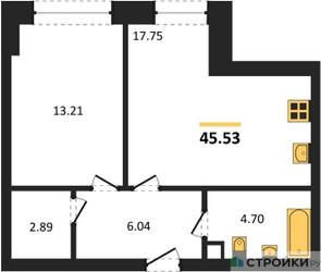 Планировка однокомнатной(квартира) площадью 45.53 квадратных метров в ЖК “ЖК Sezar City (Сезар Сити)”