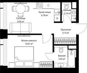 Планировка однокомнатной(квартира) площадью 39.03 квадратных метров в ЖК “ЖК Веер”