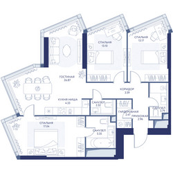 Планировка трехкомнатной(квартира) площадью 94.9 квадратных метров в ЖК “ЖК ХАЙДАУТ”
