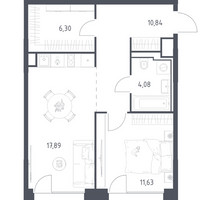 Планировка однокомнатной(квартира) площадью 50.74 квадратных метров в “ЖК Квартал на воде (Графика на воде)”